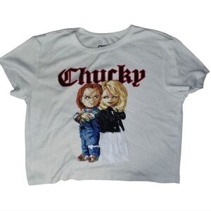 Chucky Graphic Cropped Women's Short Sleeve Cotton Blend T-Shirt Size Large